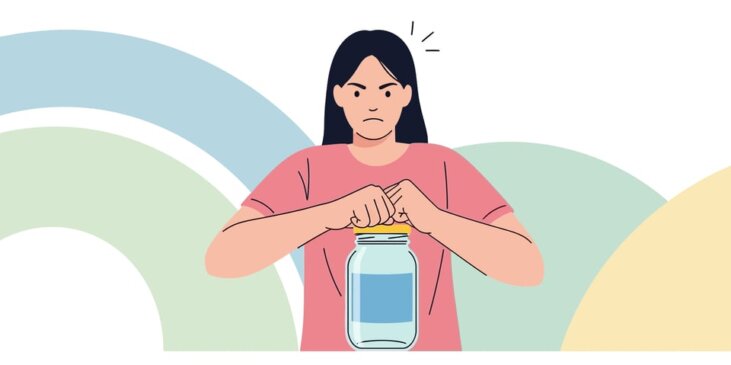AI cartoon of woman with long dark hair struggling to open a bottle, a common form of usability failure.