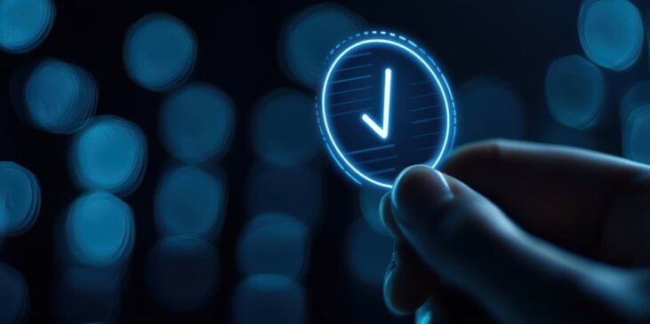 AI-generated image of a hand against a dark background, holding a circle containing a light blue checkmark against a dark background.
