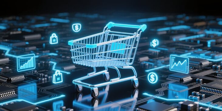 Blue-themed simulated circuit board covered in shopping cart icons