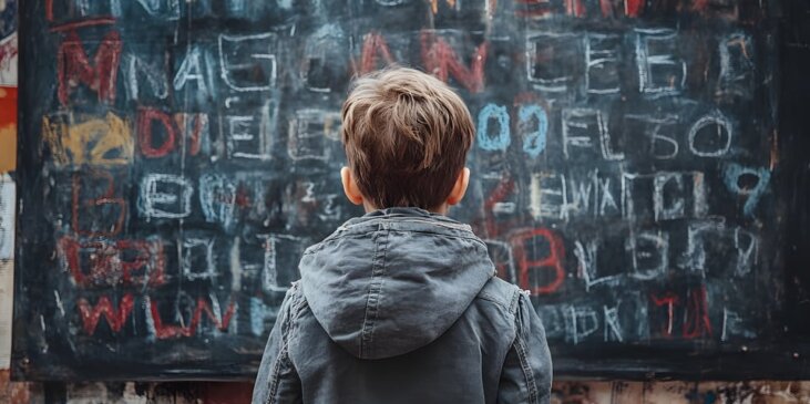 Male-appearing child standing in front of a blackboard containing chalk letters in different colors. Some are blurry and difficult to read, others are backwards