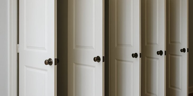 AI-generated image of five interior doors, all partially open