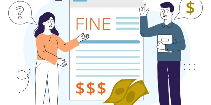 Cartoon of a man and a woman standing on either side of a notepad that says FINE $$$ with money icons.