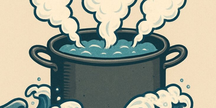 Swirling ocean containing a pot of boiling water