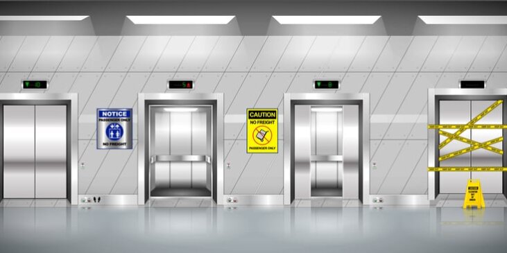AI-generated image of four elevators with various signage about evacuation, one is out of service.
