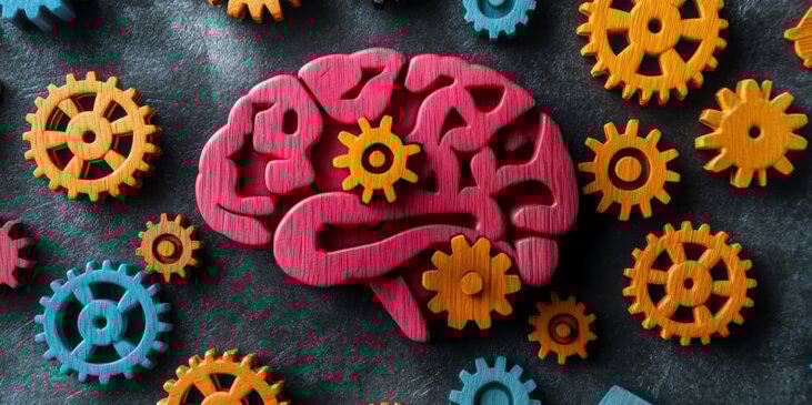 AI generated images of a red brain surrounded by teal and orange gears