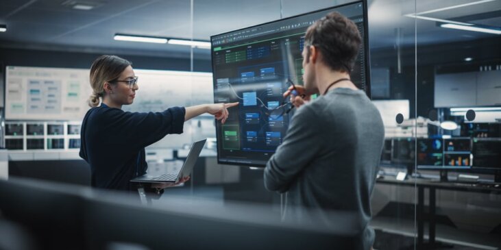 Two technology professionals standing at a large monitor, looking at user journeys