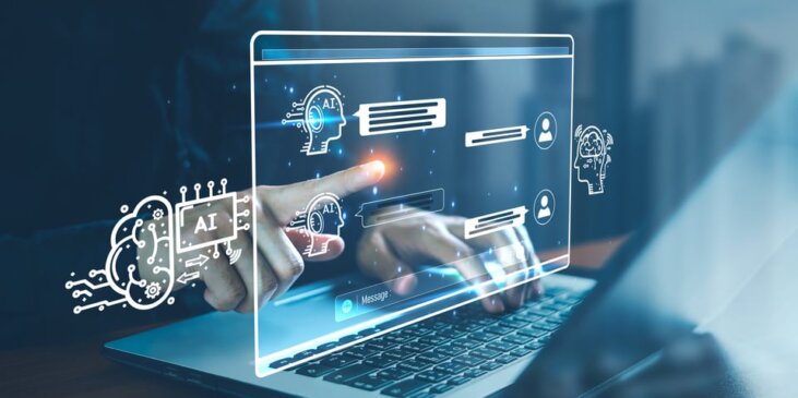 AI-generated picture of a blurry person working on a laptop, feeding data into a chatbot