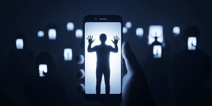 Shadow of an individual trapped inside a mobile device with their hands pressed up against the screen from the inside