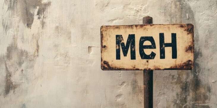 Beat up sign that says “meh” against a dirty concrete wall