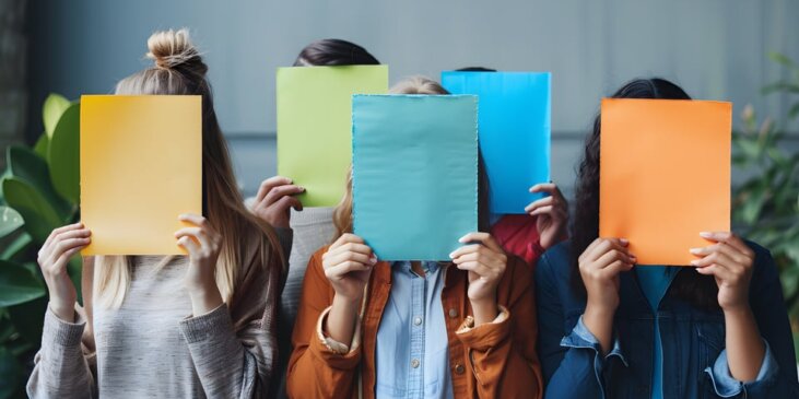 Five people with colored pieces of paper covering their faces