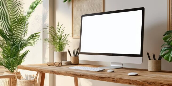 A computer with a completely white screen sitting on a wooden desk surrounded by foliage