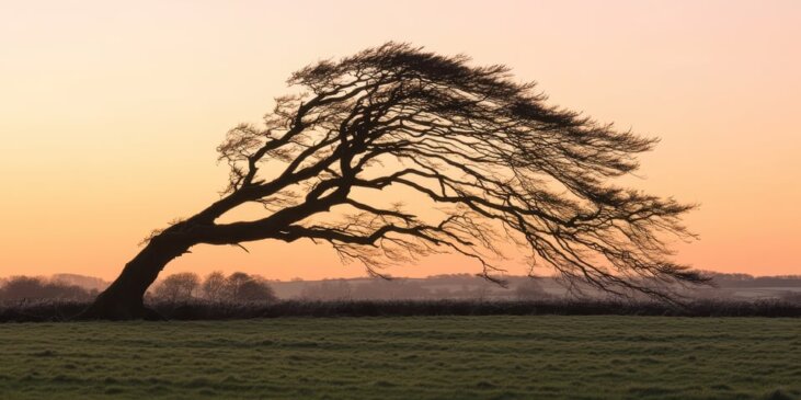 AI generated image of tree that has grown sideways because of the wind