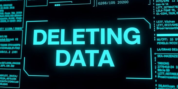 AI-generated screen that says “Deleting Data” surrounded by admin-like messages