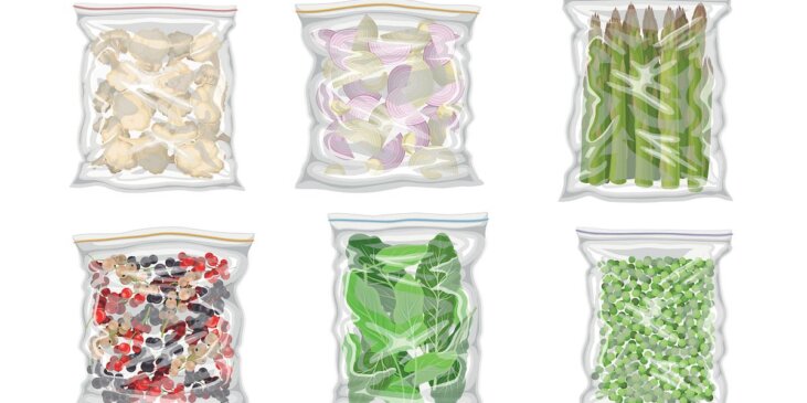 Six transparent resealable bags arranged in two rows, containing assorted vegetables and produce including mushrooms, sliced onions, asparagus, mixed berries, leafy greens, and peas.