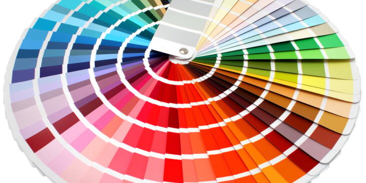 Colorful paint chip strips fanned out in a circle